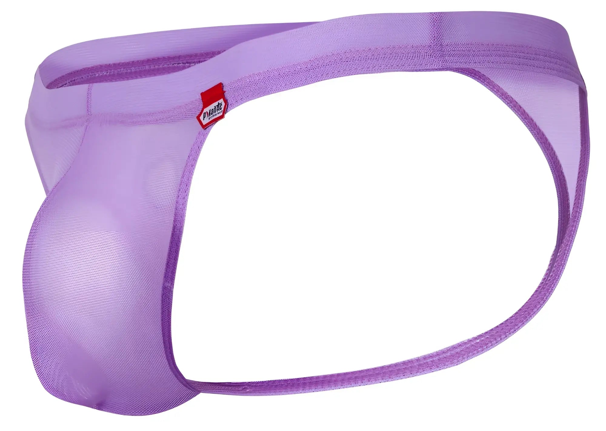 Purple mesh briefs with red and white pikante brand tag on the waistband from pikante pik 1823 luxury thongs lilac collection