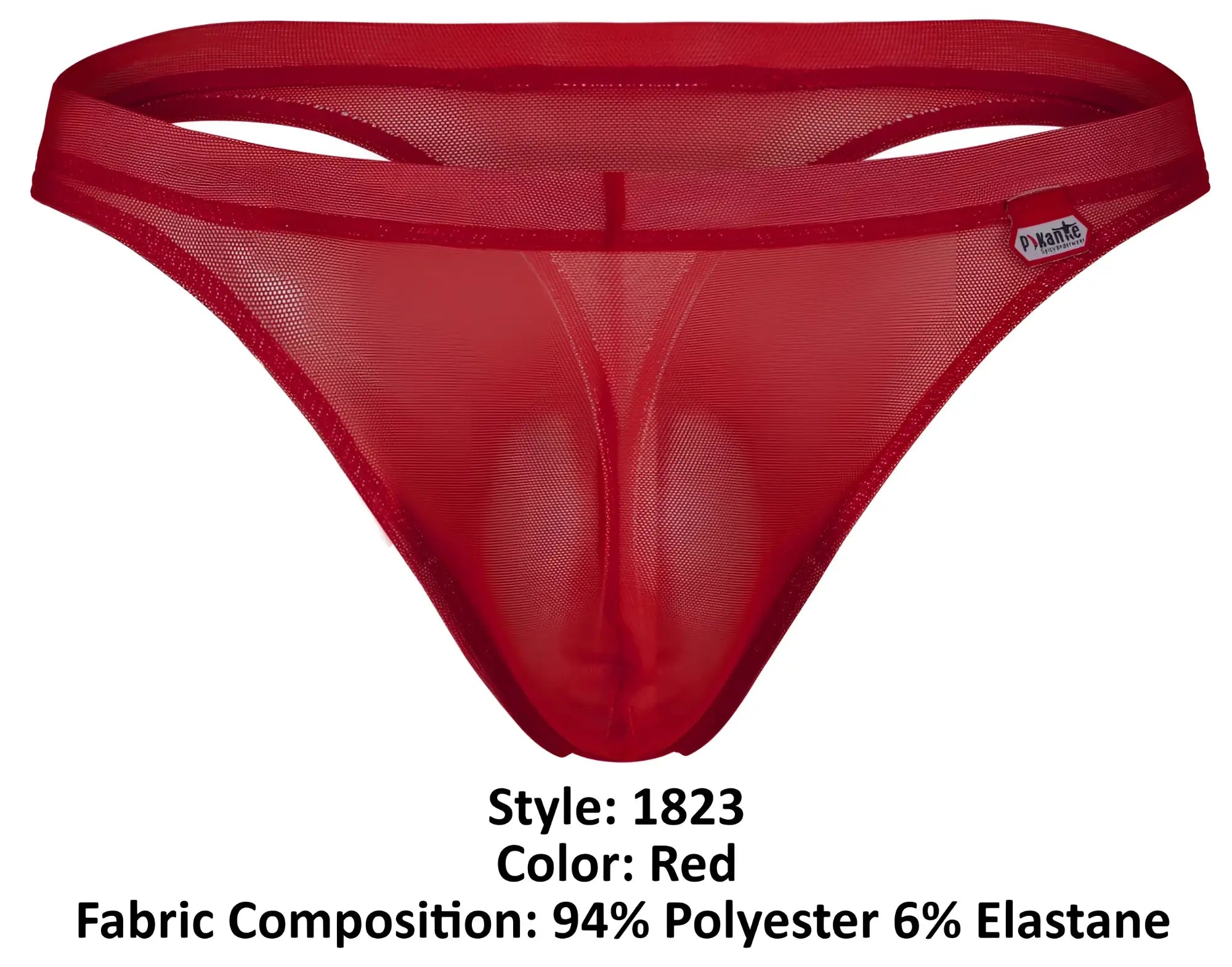 Red sheer mesh thong with solid red elastic waistband from Pikante PIK 1823 luxury thongs collection