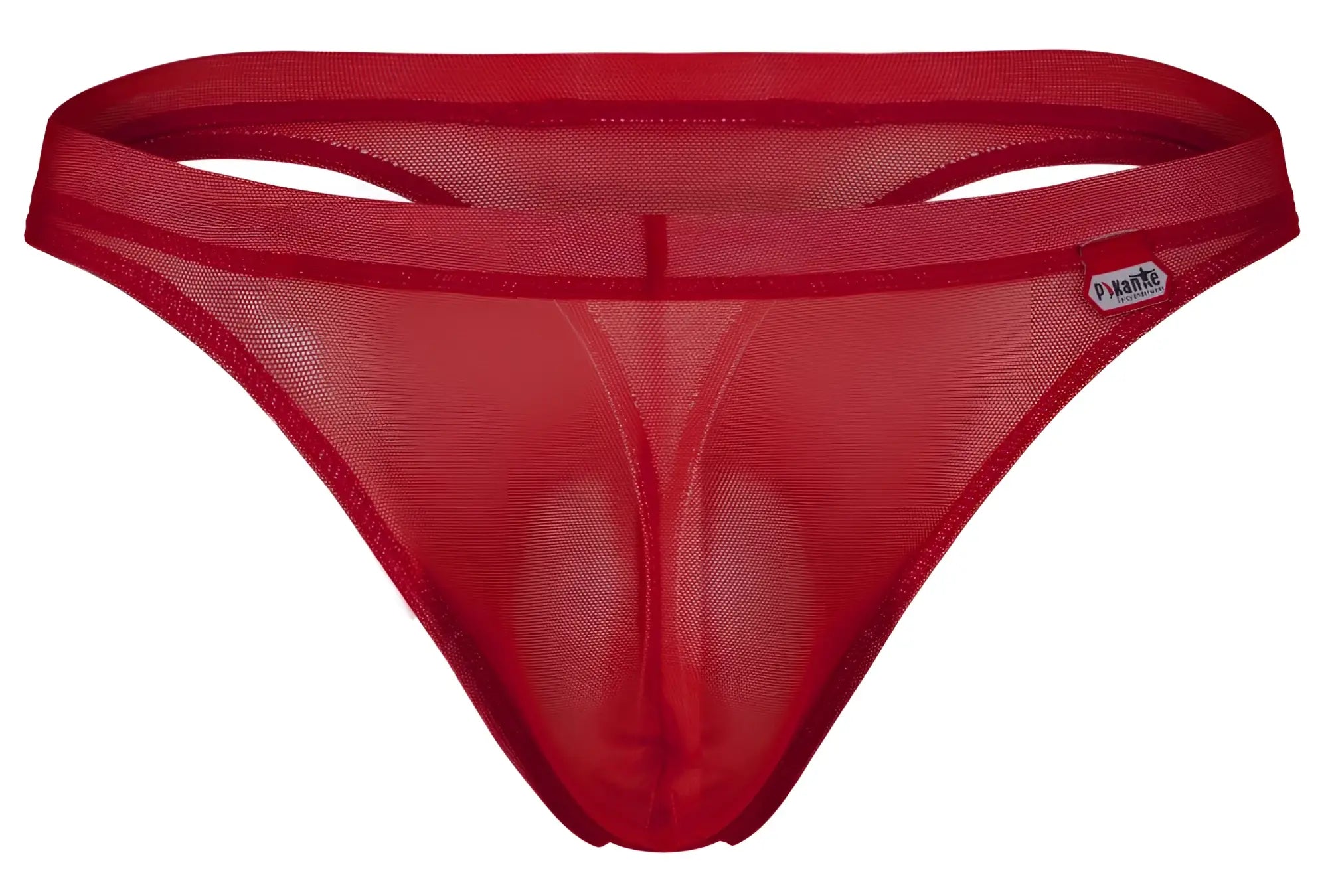 Red sheer mesh thong from Pikante PIK 1823 with solid red elastic waistband and small side brand tag