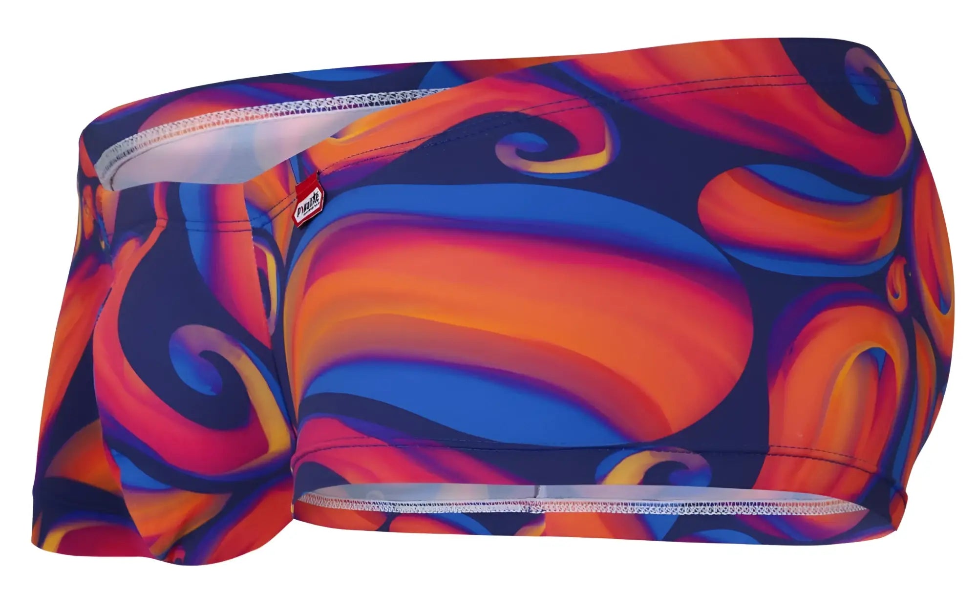 Pikante pik 1826 kracent trunks in vibrant orange with bold blue and purple abstract swirls and elastic waistband