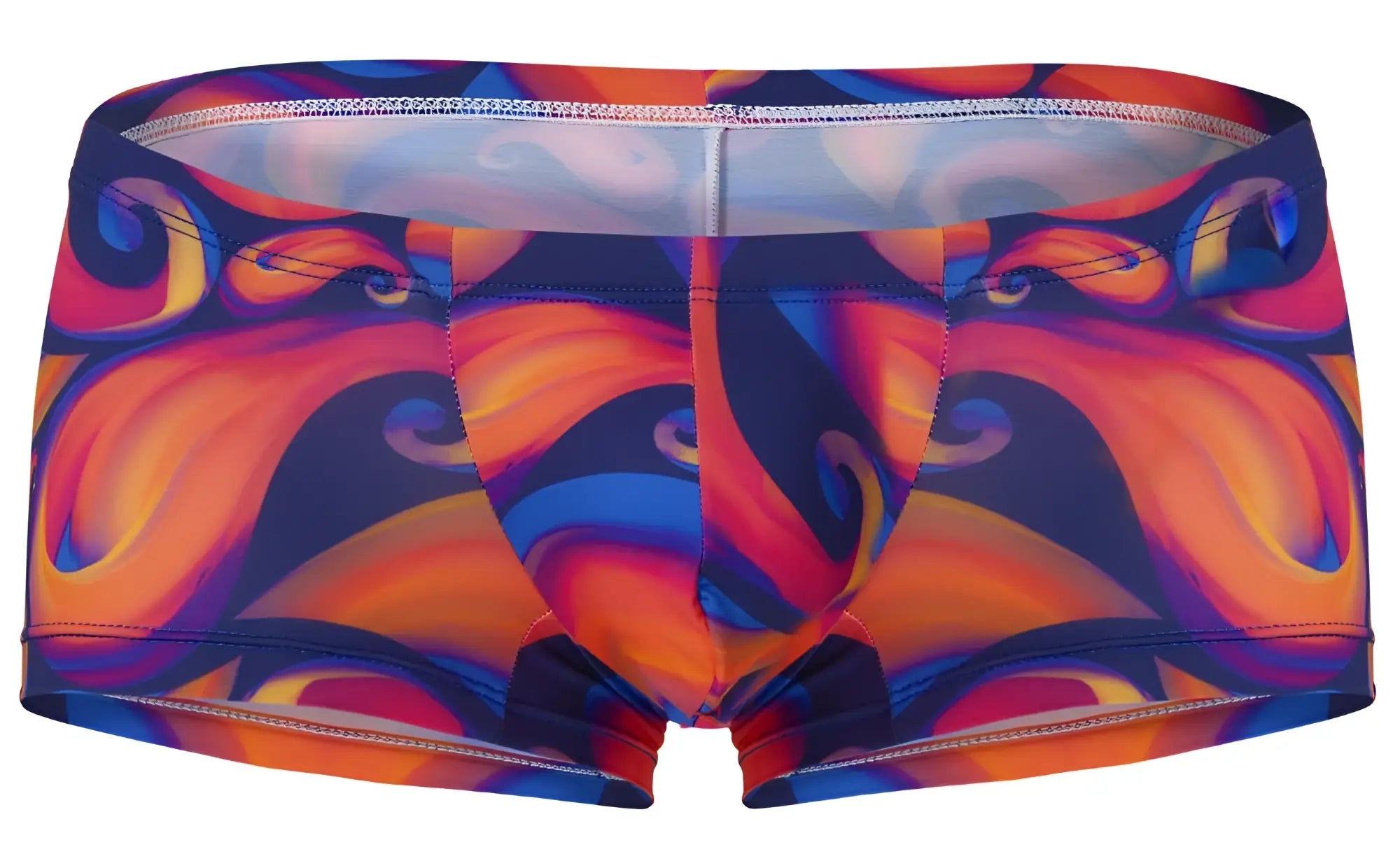 Vibrant pikante pik 1826 kracent trunks in bold orange and blue swirl abstract patterns ideal for swimwear
