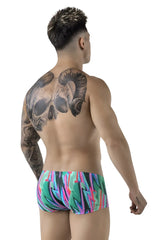 Vibrant pikante pik 1828 abstract trunks in teal pink and black graffiti style perfect for swimming and beachwear