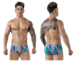 Vibrant neon-patterned pikante PIK 1828 abstract swim trunks in green with bold pink and blue designs
