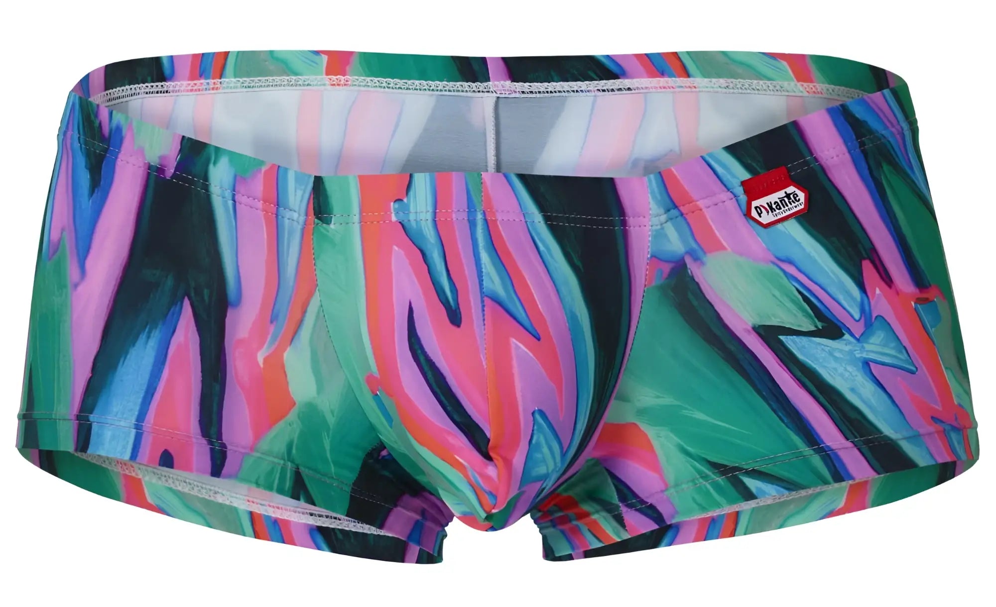 Vibrant pikante pik 1828 abstract men’s swim trunks in bold pink green blue and black with glossy finish