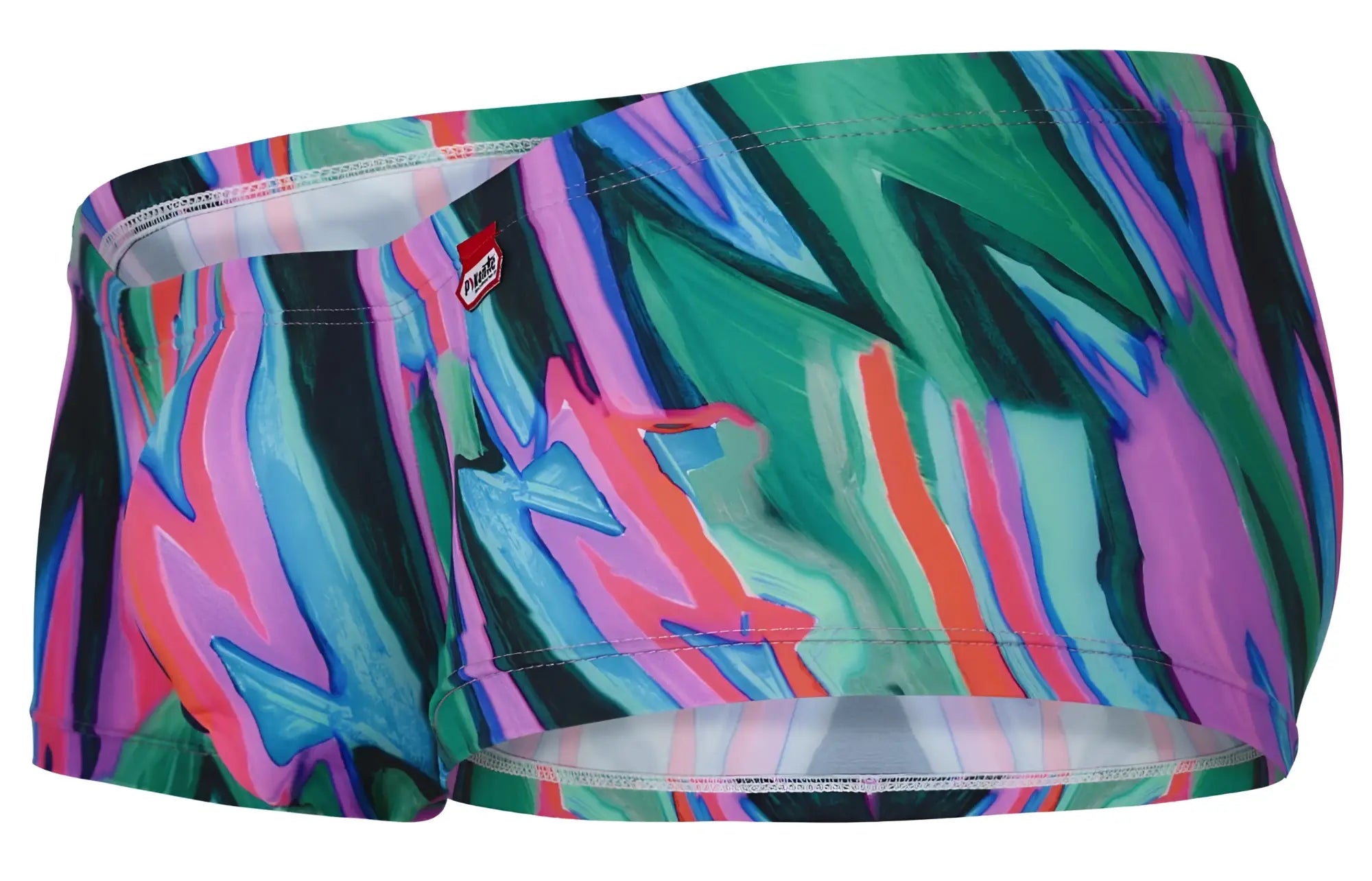 Pikante PIK 1828 abstract trunks in vibrant green with glossy finish featuring bold green pink blue and purple patterns