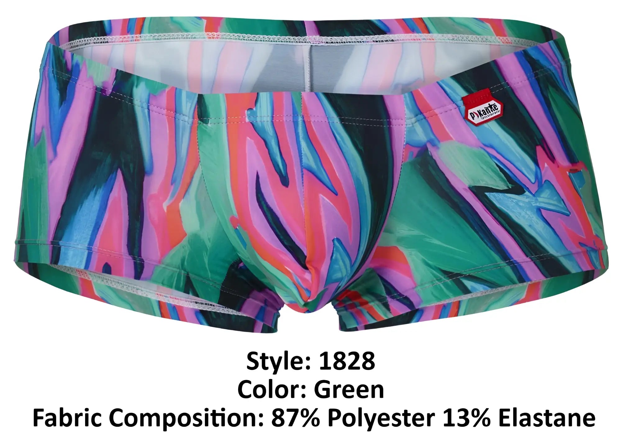 Vibrant green pikante pik 1828 abstract swim trunks with bold pink blue and teal swirl pattern for men