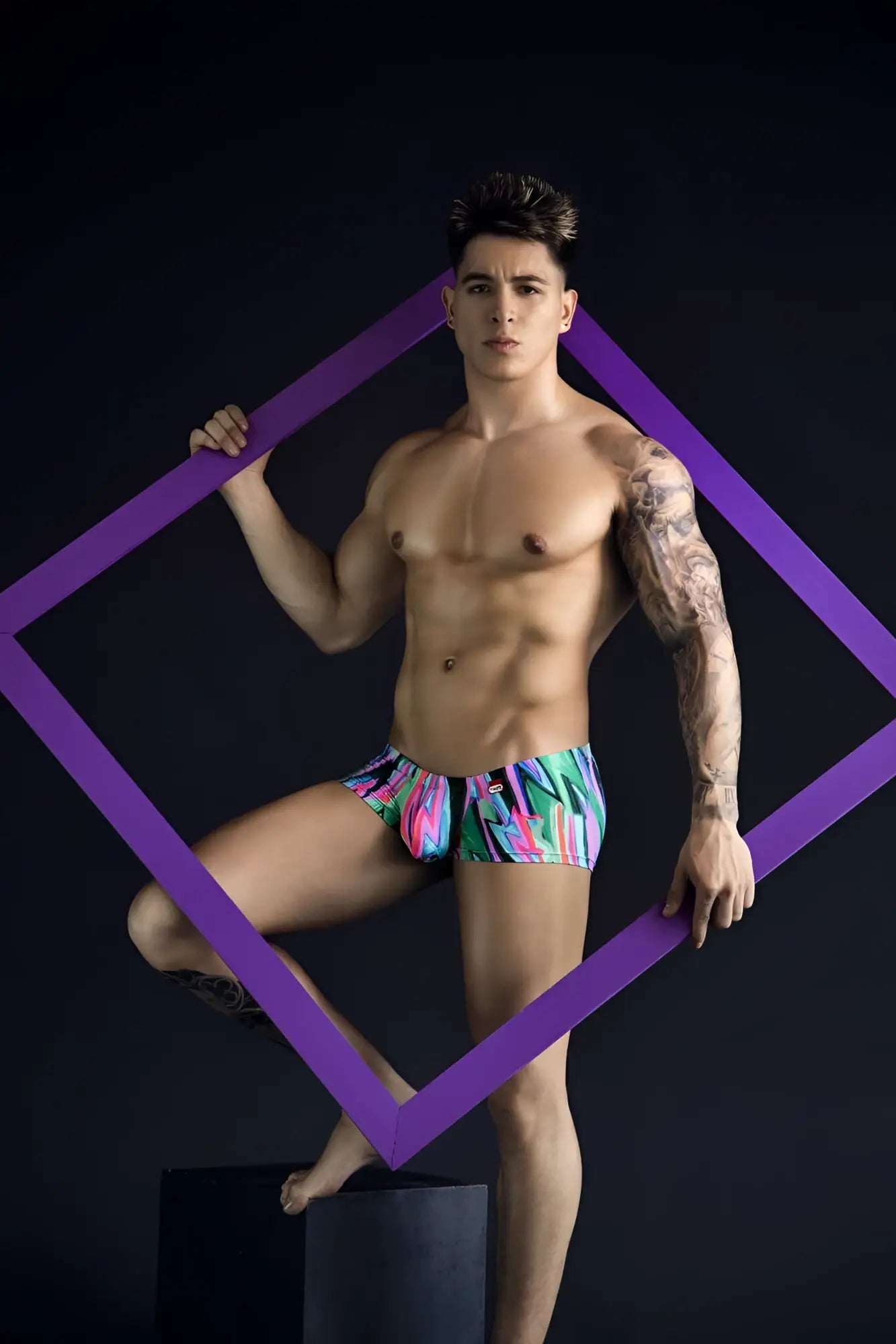 Pikante pik 1828 abstract trunks in vibrant neon pink turquoise and green tropical pattern swim trunks
