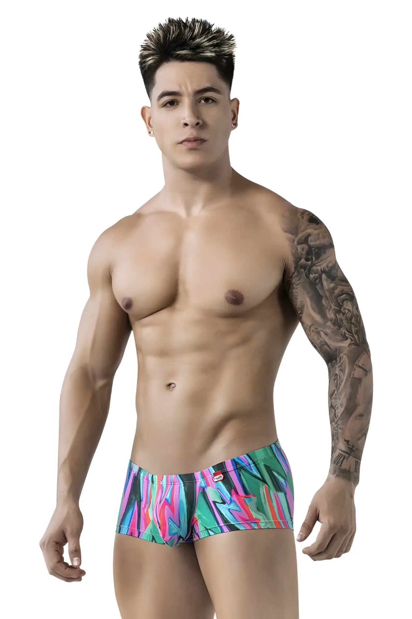 Vibrant tropical print pikante PIK 1828 abstract trunks in bold pink green and blue hues for swimwear use