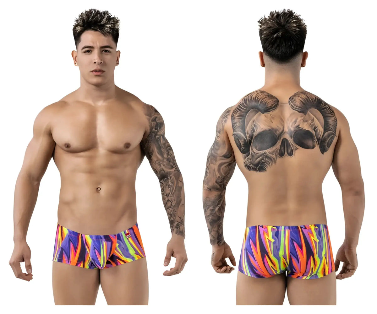 Vibrant pikante PIK 1828 abstract swim trunks in multicolored flame pattern with bold neon hues and purple accents