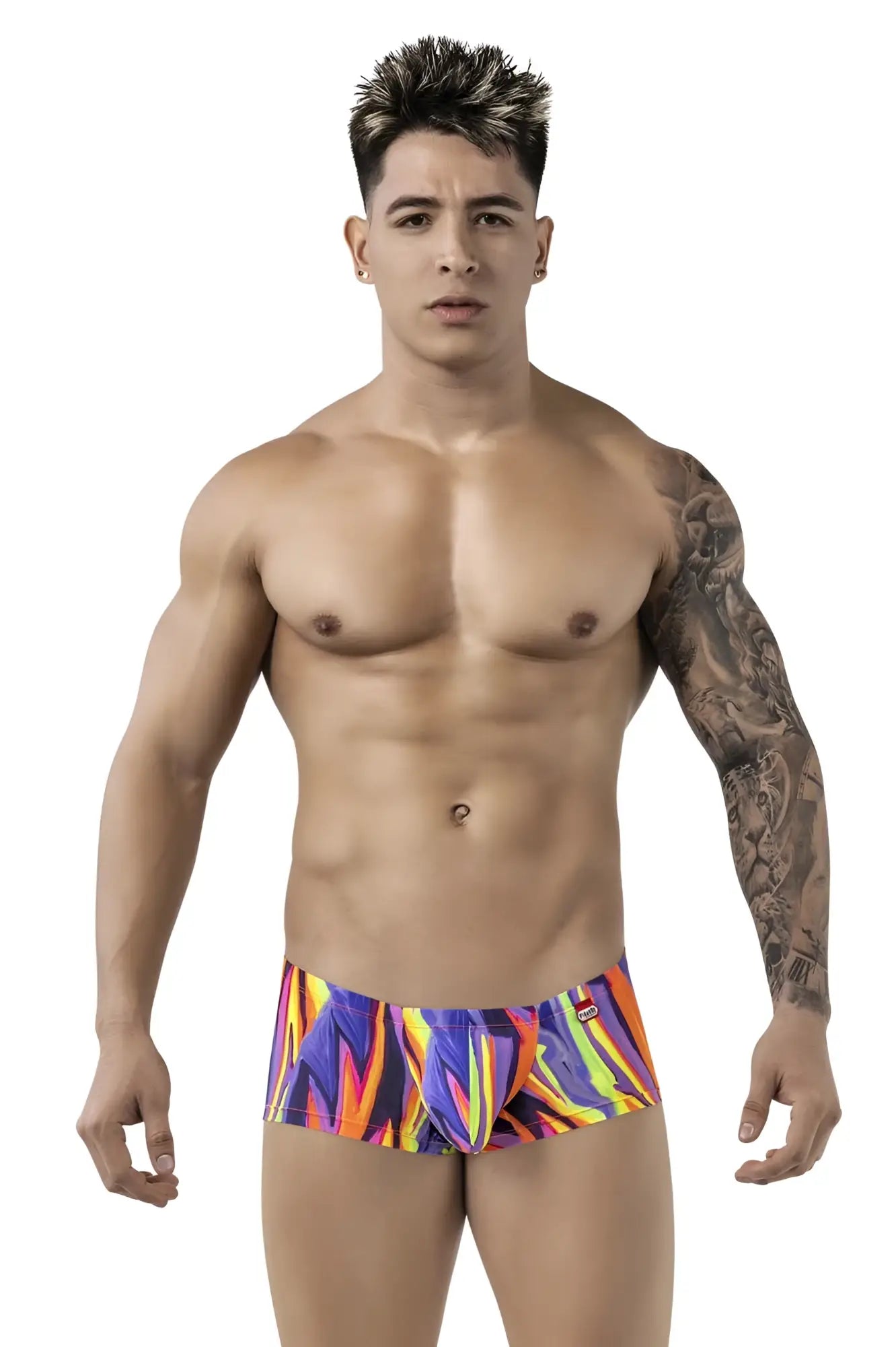 Vibrant pikante PIK 1828 abstract swim trunks in purple with bold multicolored geometric pattern for beachwear