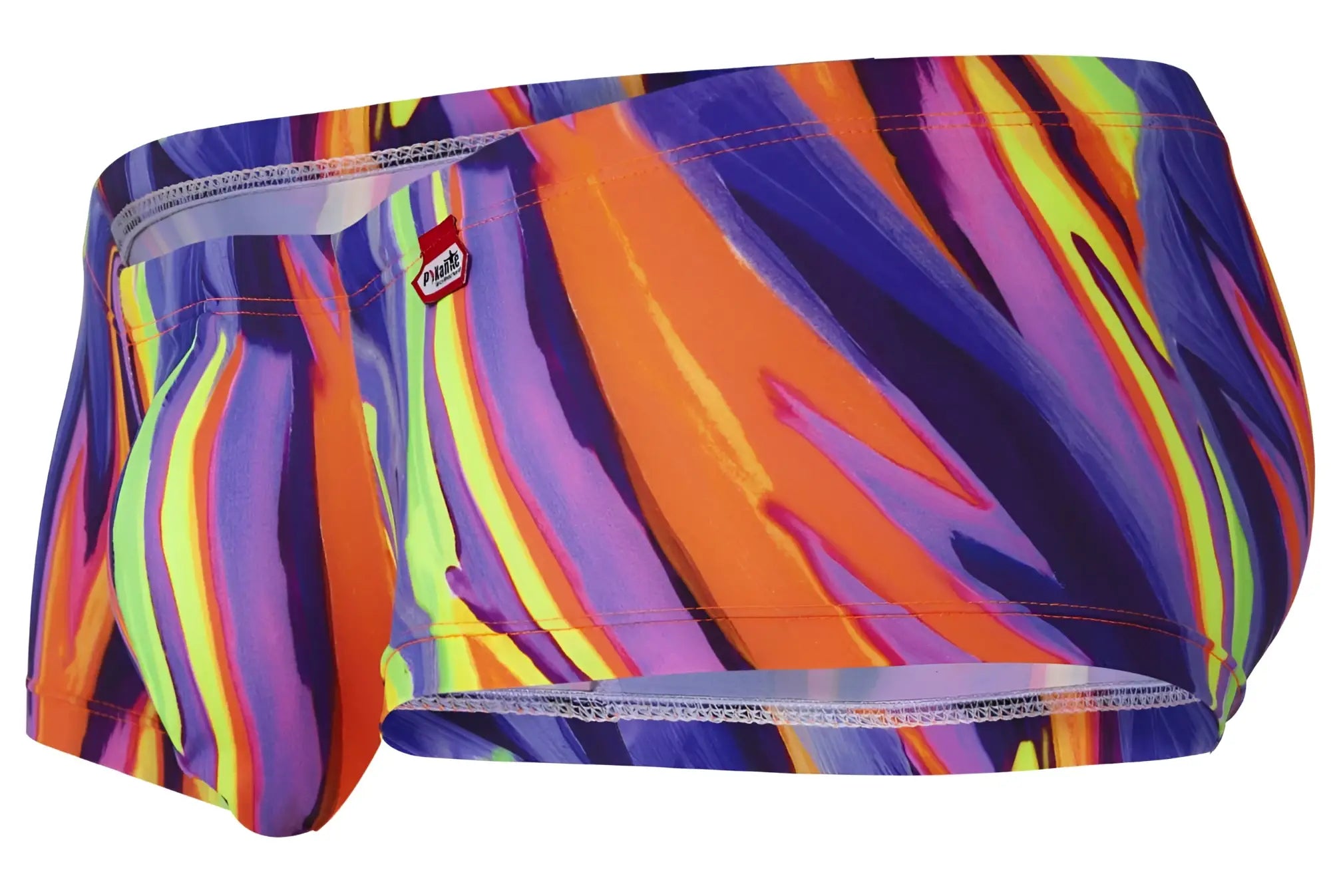 Vibrant multicolored pikante pik 1828 abstract trunks in purple with bold orange and neon green stripes for swimming