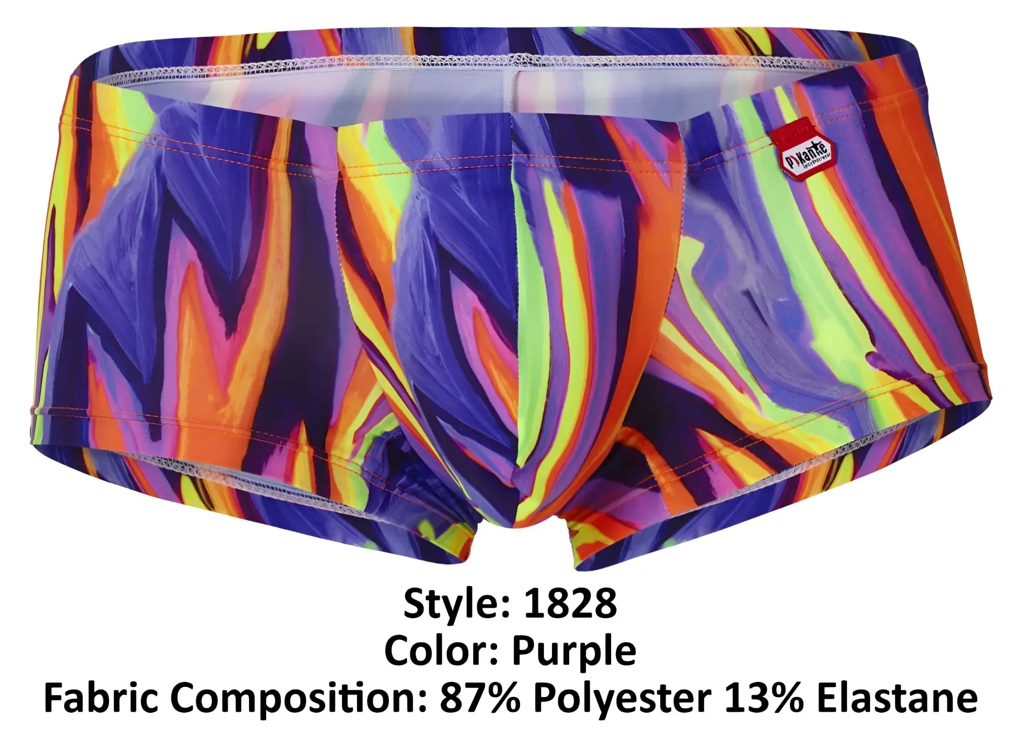 Vibrant purple pikante piks 1828 abstract trunks with bold neon orange yellow and electric blue flame pattern