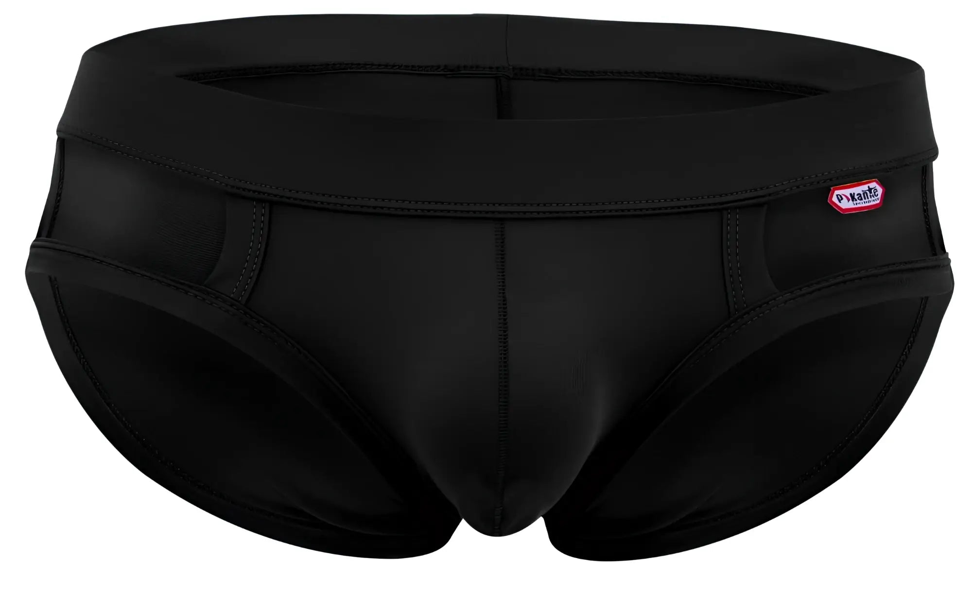 Black pikante pik 2114 lenox briefs swim trunks with smooth form fitting design and small red white brand tag on waistband