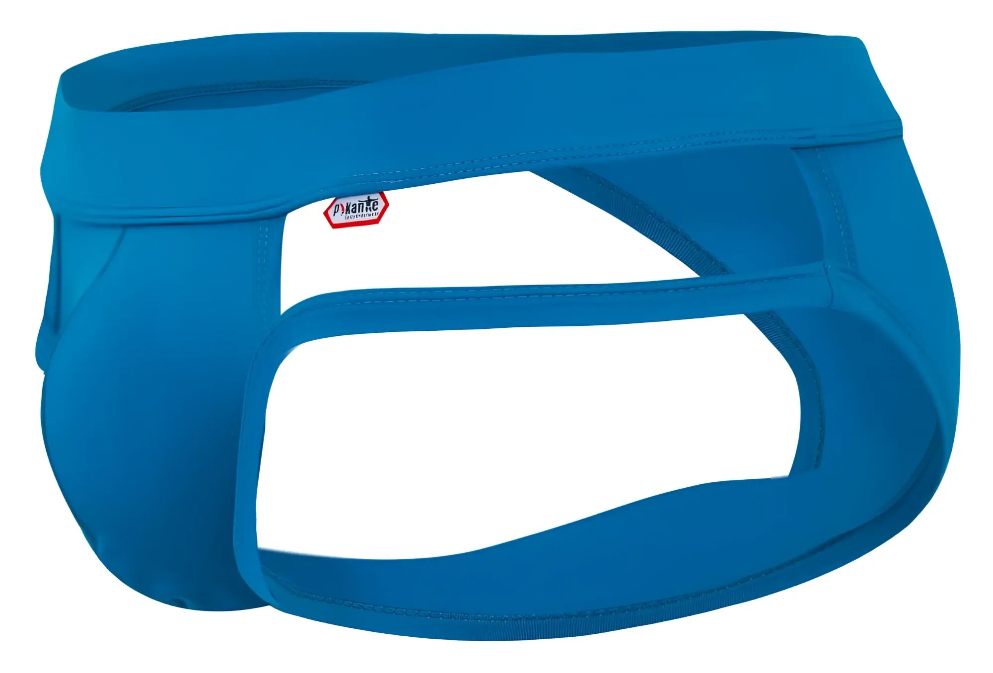 Bright blue form-fitting pikante lenox men’s briefs with white panel and small red mante logo on waistband