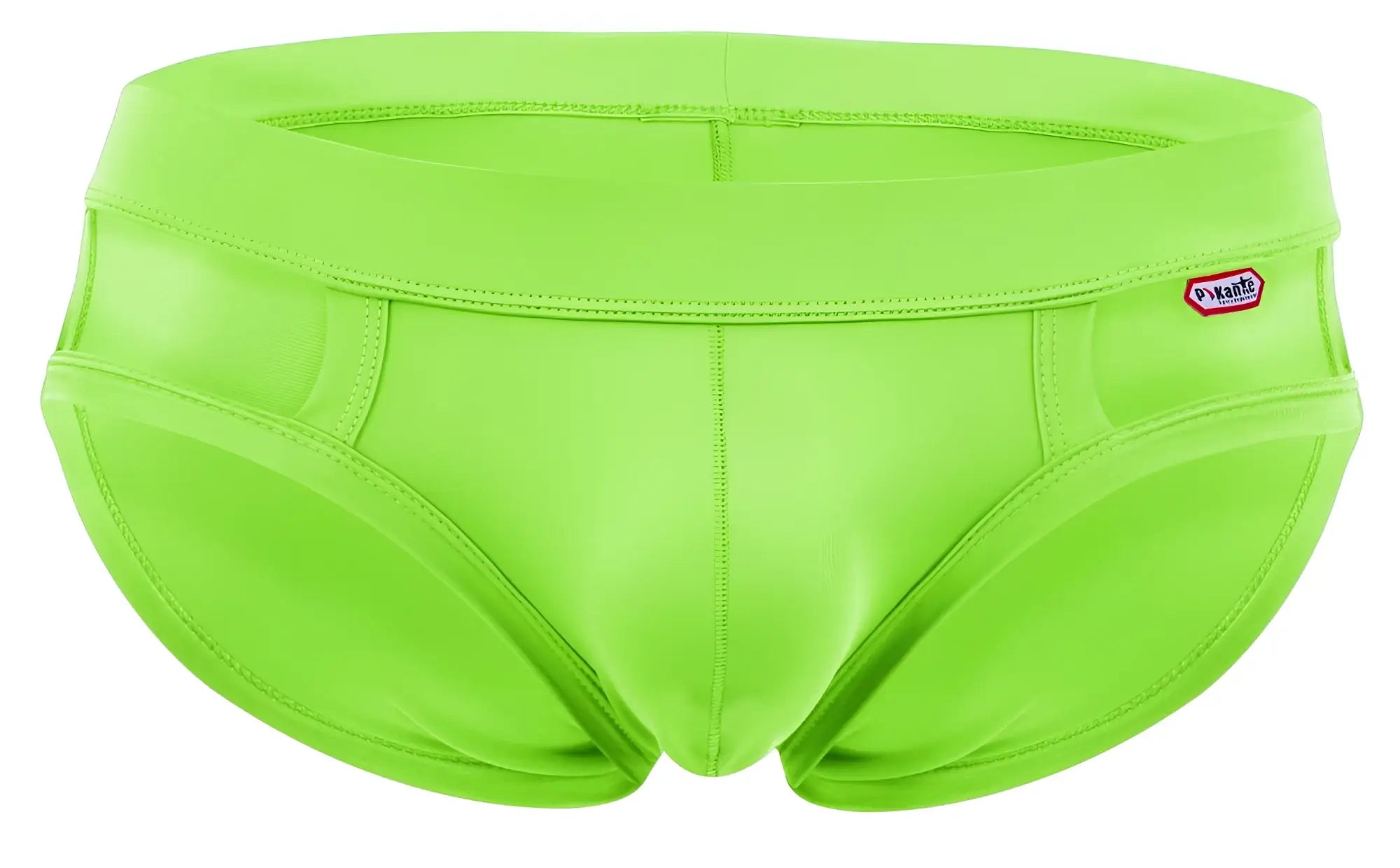 Bright lime green pikante pik 2114 lenox briefs men’s swim trunks with snug fit elastic waistband and red white brand tag
