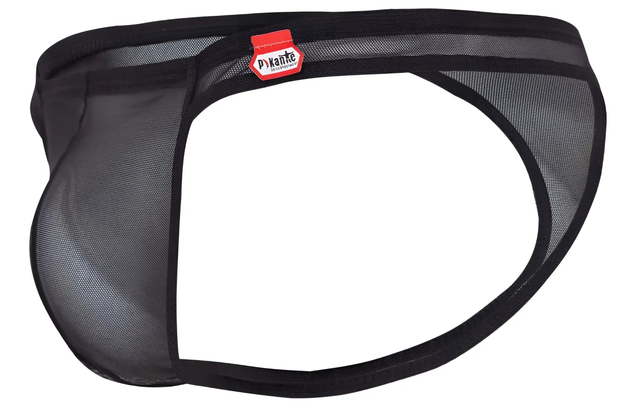 Black mesh briefs with a red and white dyanne brand tag on the waistband from pikante pik 2115 amusing thongs collection
