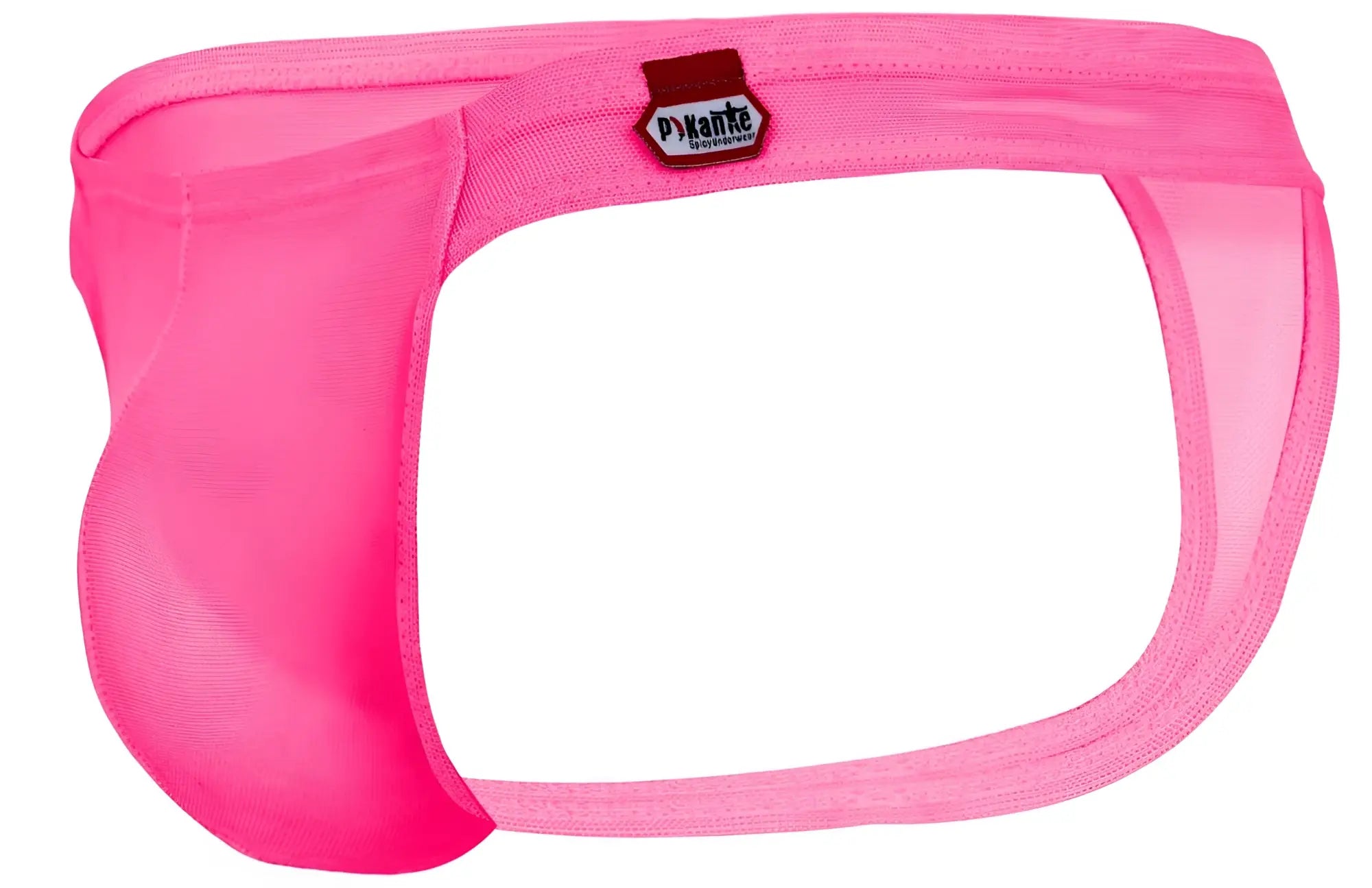 Bright pink sheer mesh men’s briefs with red and white dyante label from pikante pik 2115 amusing thongs collection