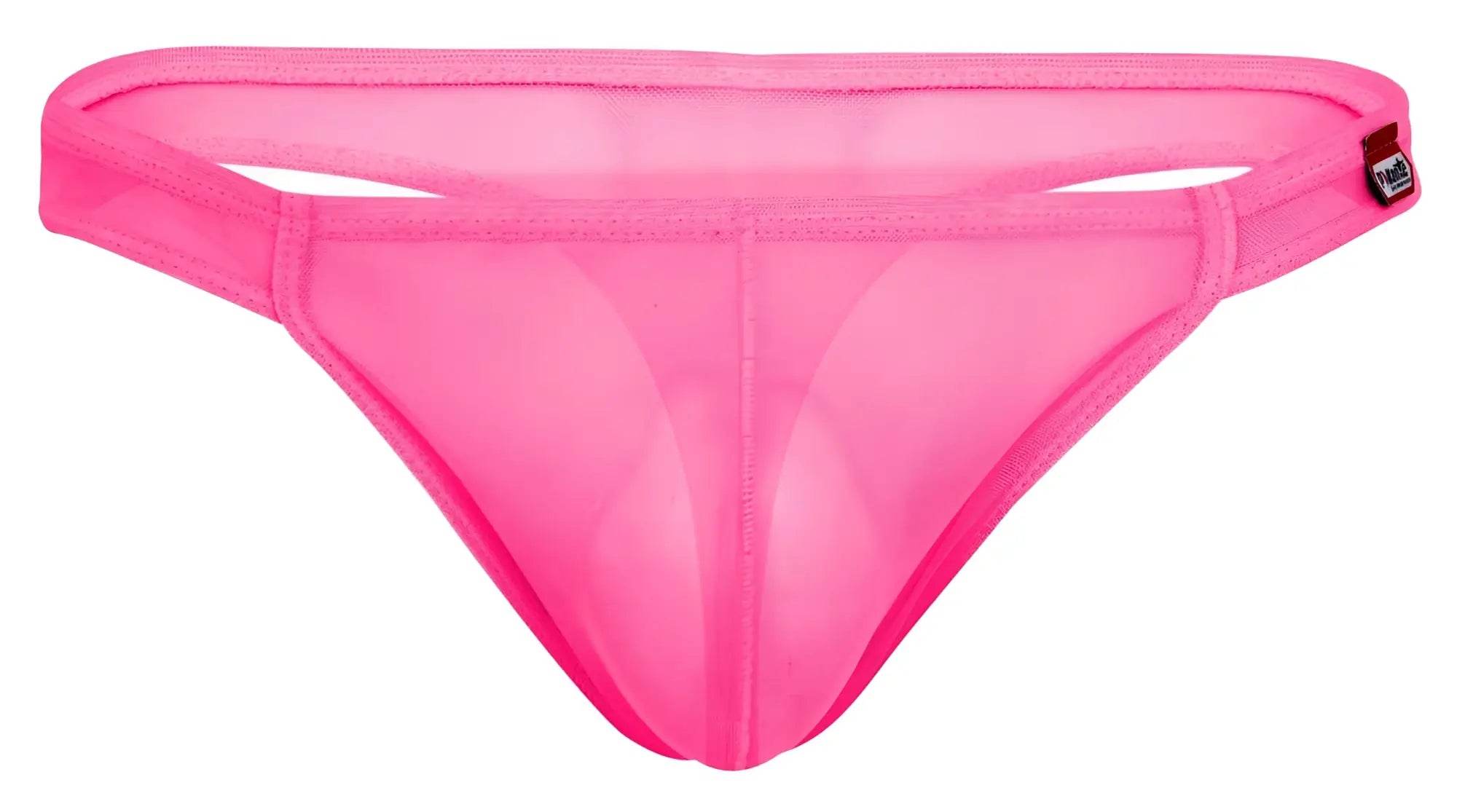 Bright pink sheer mesh thong with a red and black pikante brand tag on the right hipband back side visible