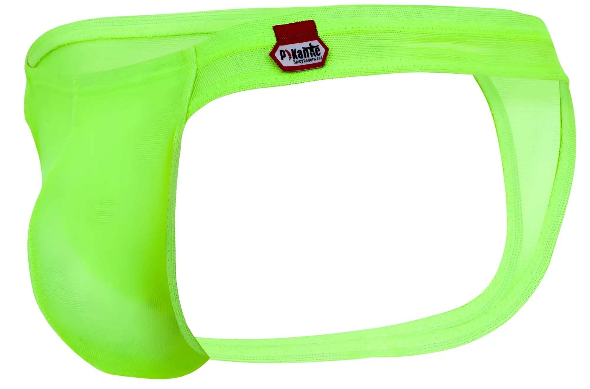 Bright neon green mesh briefs with red and white pykante brand tag on waistband from Pikante PIK 2115 amusing thongs
