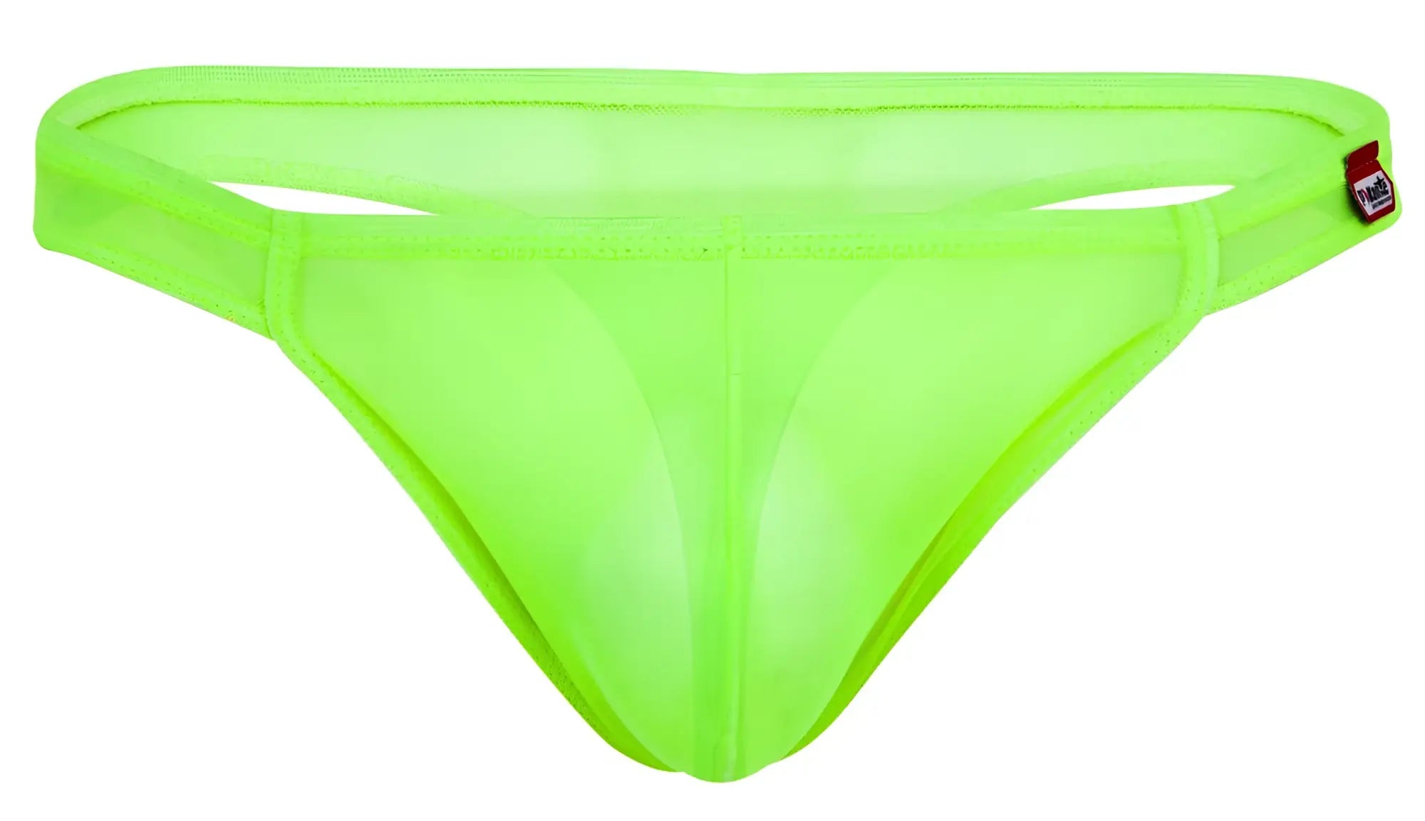 Neon green sheer mesh thong pikante pik 2115 amusing thongs with red and white brand tag on waistband