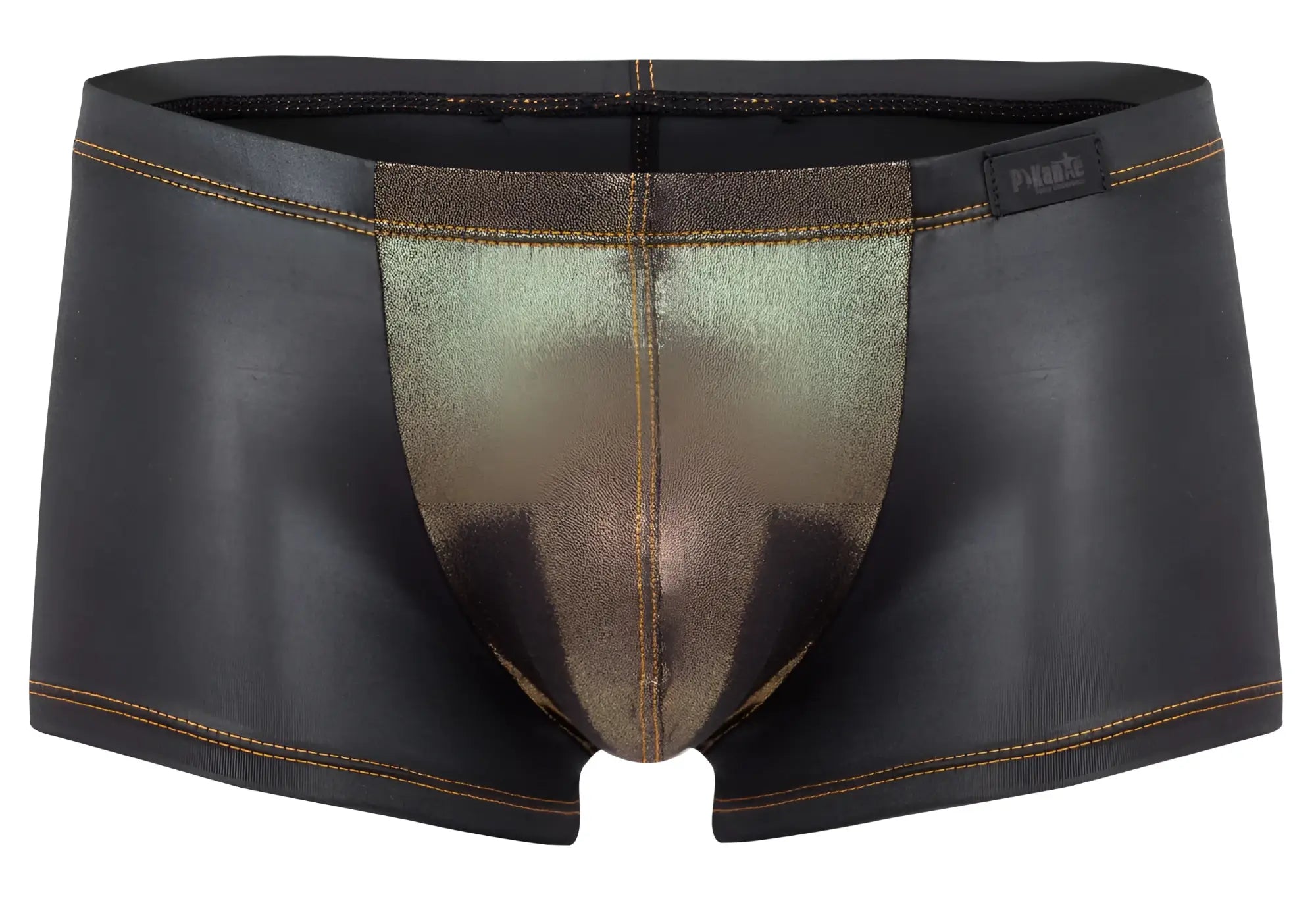 Pikante PIK 2120 Gold Cup trunks black men’s briefs with metallic gold shimmer faux leather texture and contrasting stitching