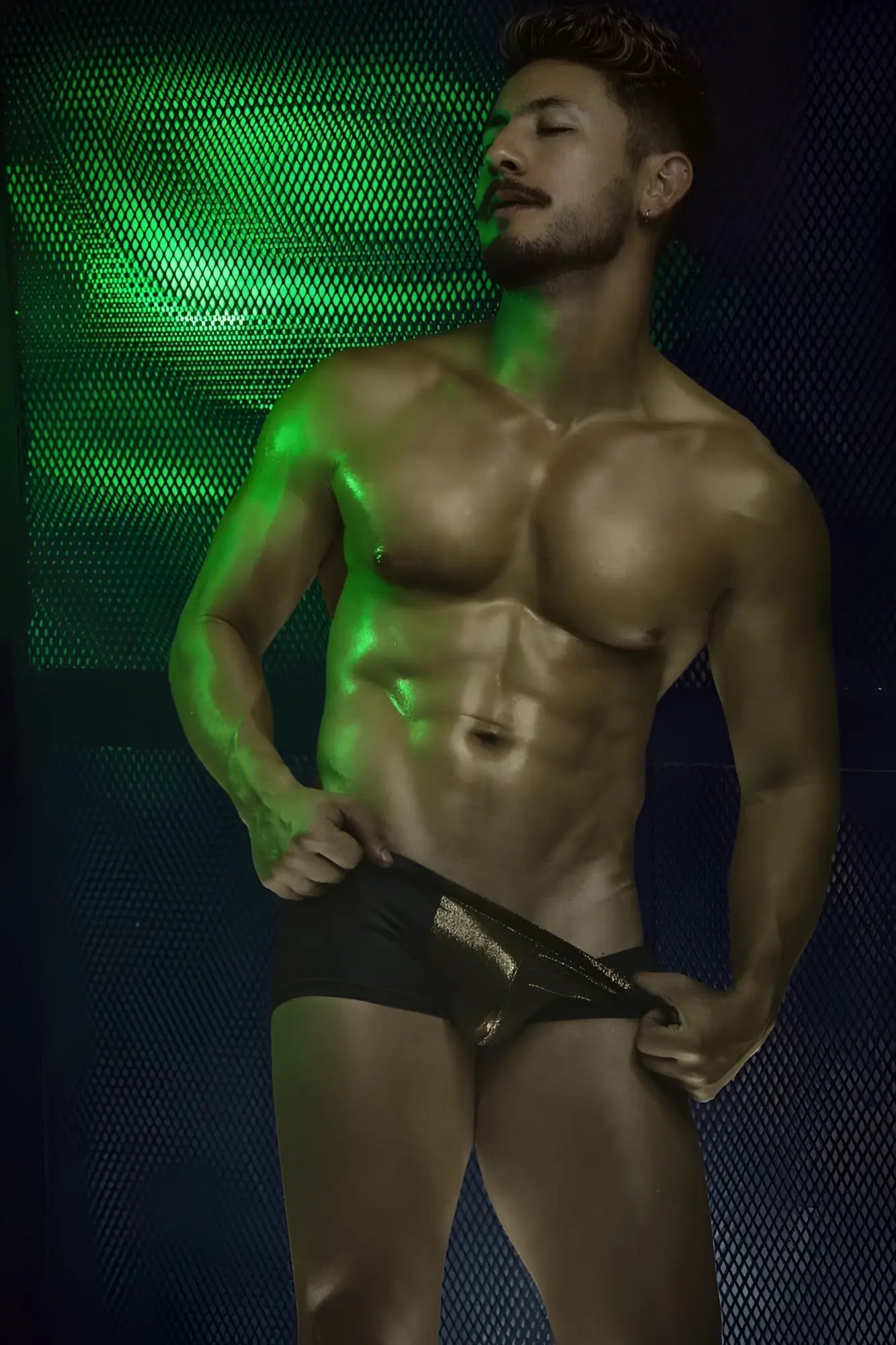 Black Pikante PIK 2120 Gold Cup trunks with metallic gold trim along the side seam in brief style