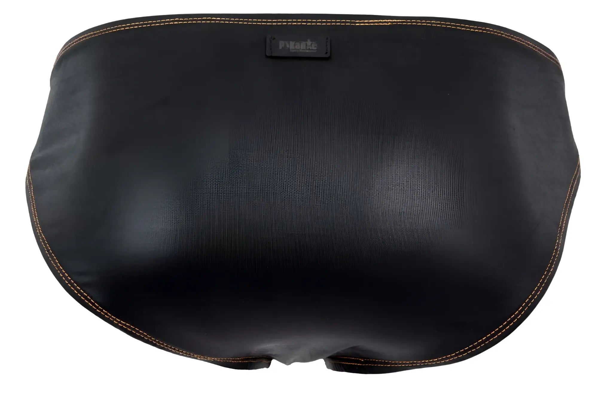 Black leather-backed massage cushion with tan stitching and brand tag from pikante pik 2121 gold cup briefs color black