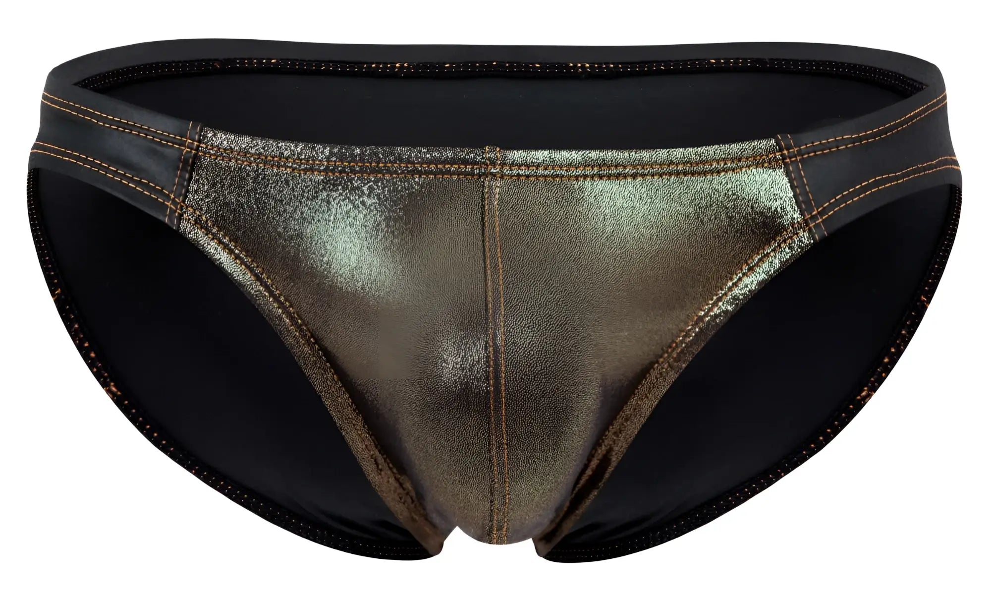 Pikante pik 2121 gold cup briefs in shiny metallic gold and black with contrasting stitching in front view
