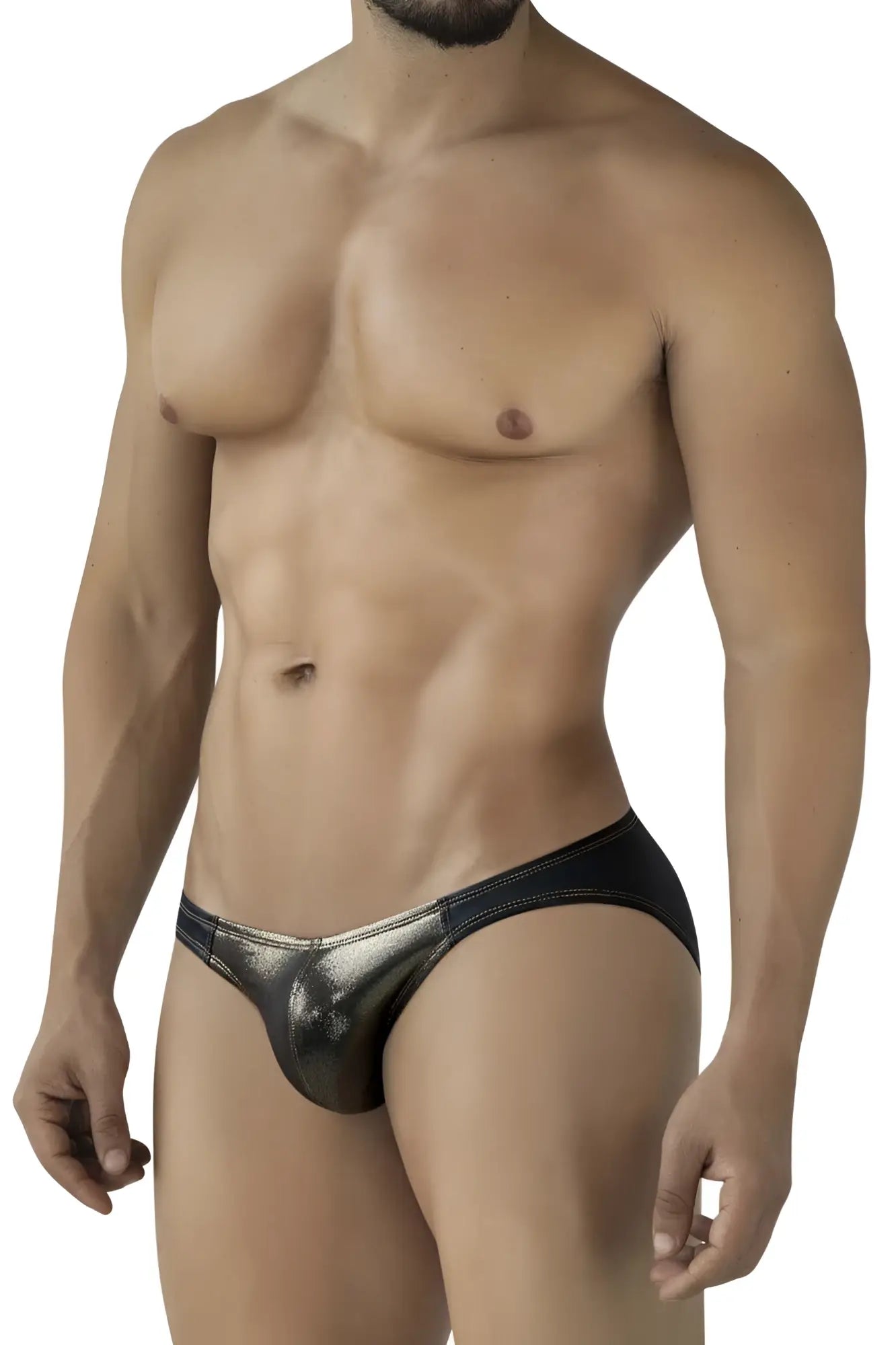 Shiny metallic black pikante PIK 2121 Gold Cup briefs with sleek form-fitting design in front view
