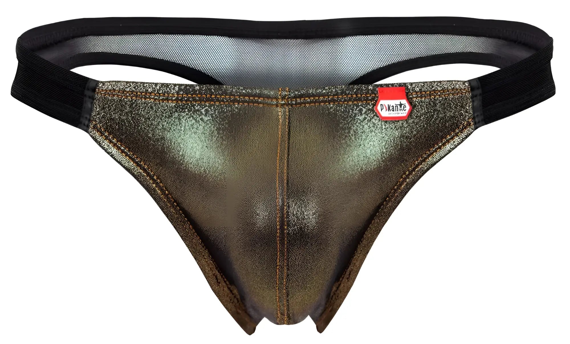 Pikante PIK 2123 gold cup thong in metallic bronze fabric with black elastic waistband and red brand tag in front view