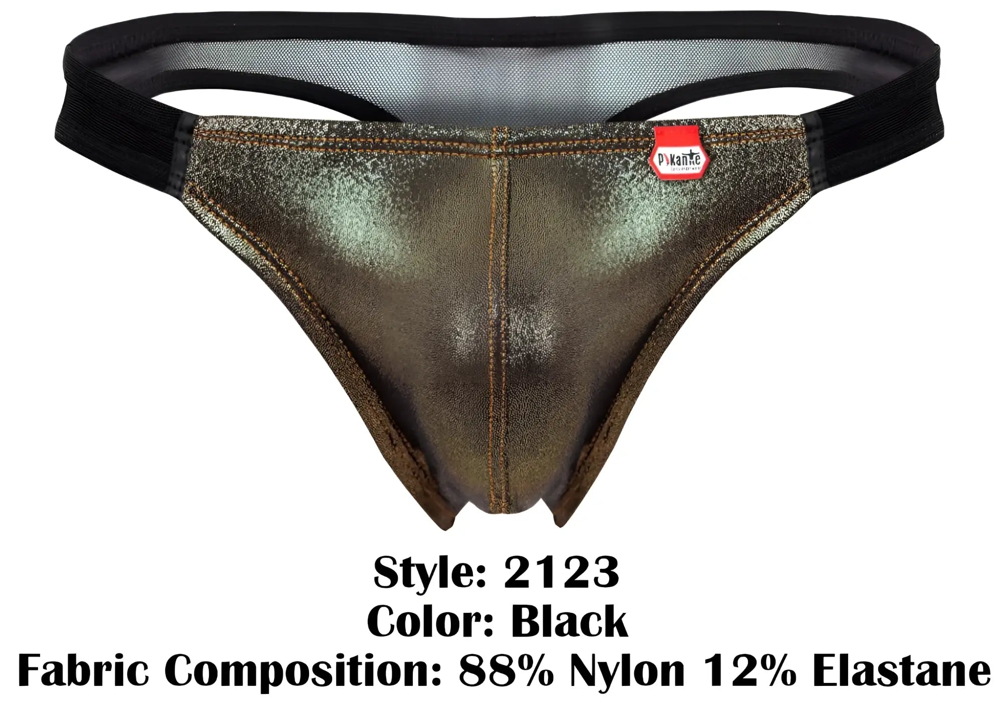 Black metallic-finish pikante PIK 2123 gold cup thong with subtle sheen and reinforced stitching along seams