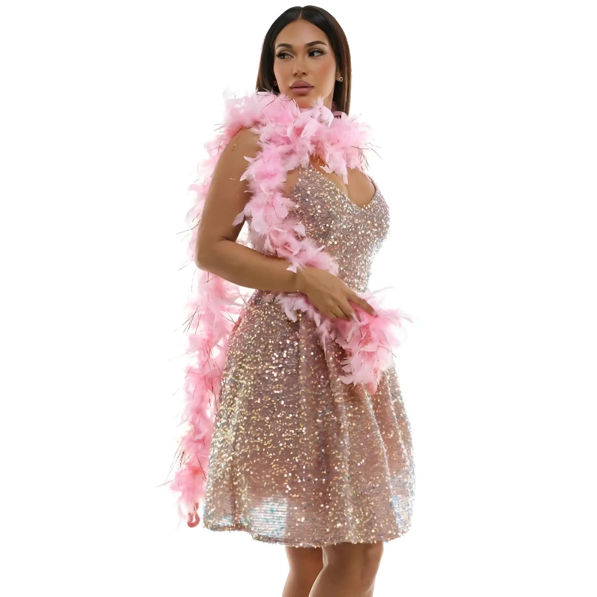 A rose gold sequined mini dress with a v-neckline and flared skirt paired with a soft pink feather boa with tinsel
