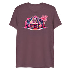 Maroon heathered cotton t-shirt with vibrant pink and purple neon graphic of the Pink Pony Club building