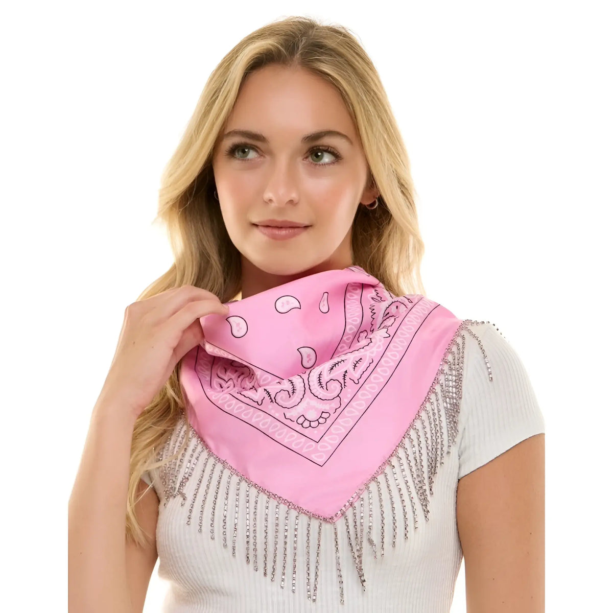 Pink rhinestone fringe bandana with white paisley scrollwork pattern and silver fringe edges