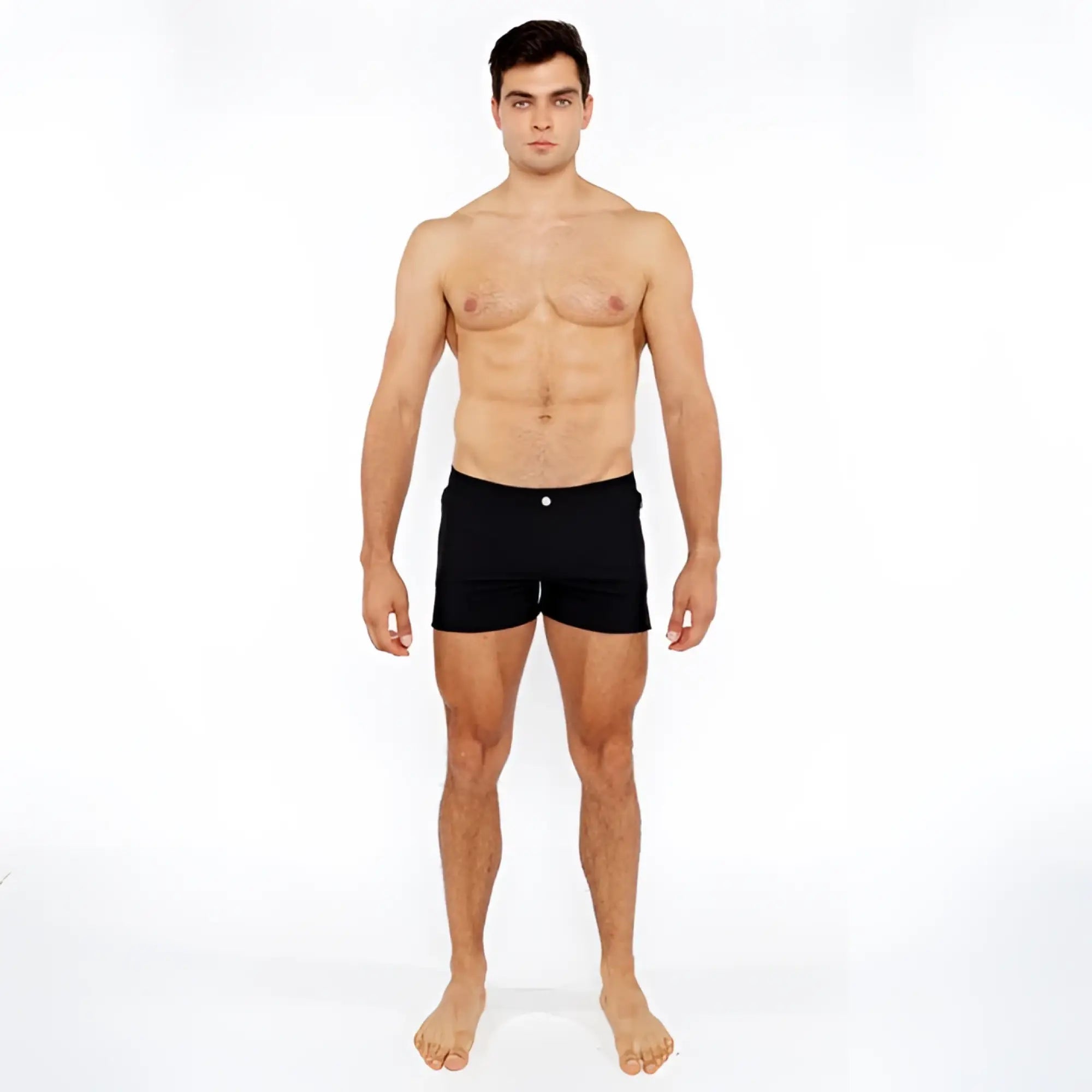 Black pinstripe swim short briefs featuring a single white button at the waistband for stylish beachwear