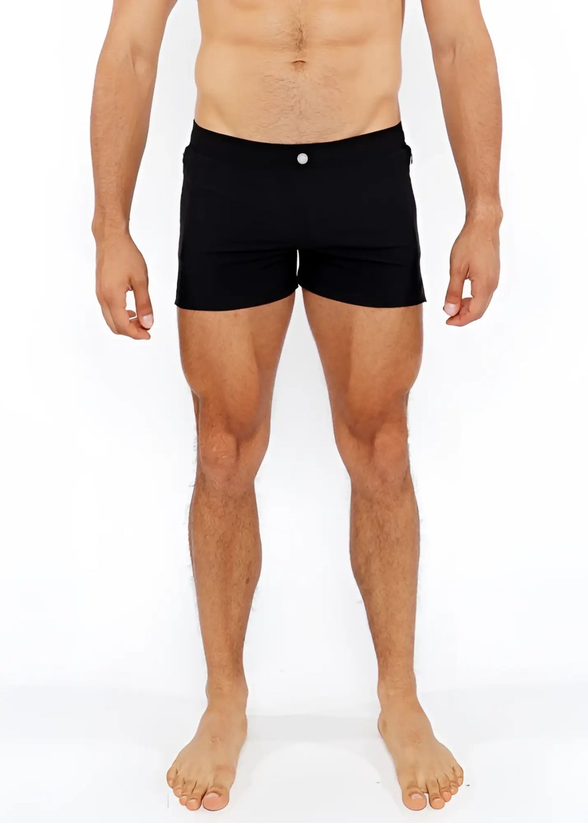 Black pinstripe swim short with a white button at the waistband made for comfortable swimming and beachwear