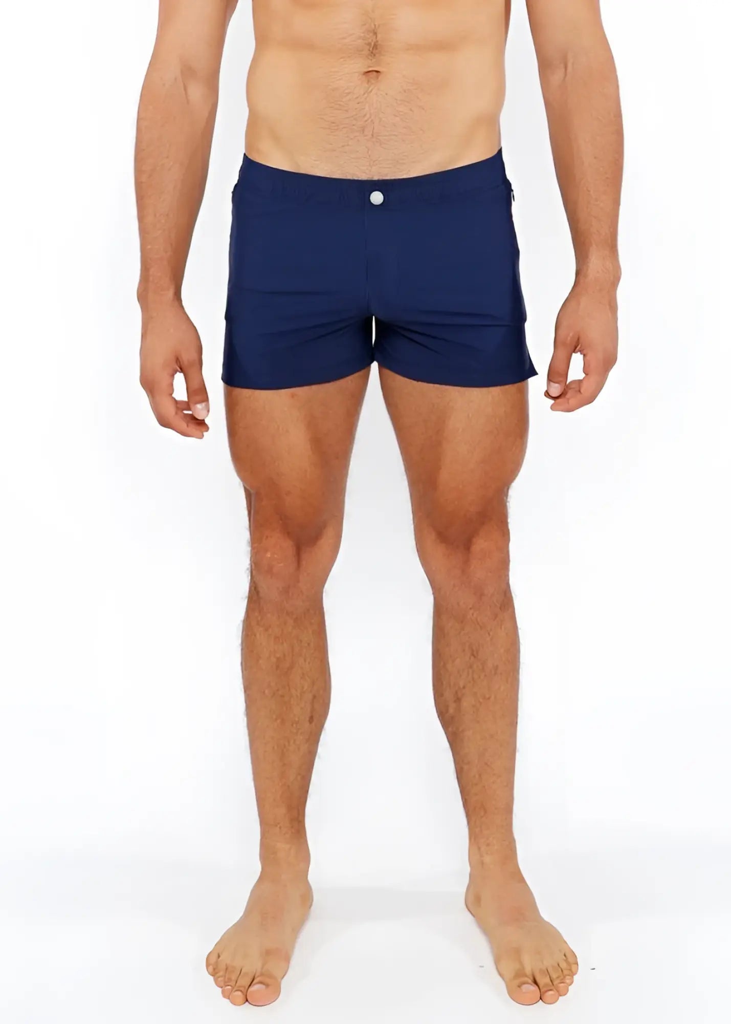 Navy blue pinstripe swim short with white button closure designed for comfortable beachwear