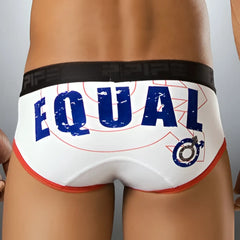 White briefs pipe equal brief underwear bs1003 size s with bold blue equal lettering red trim and black elastic waistband