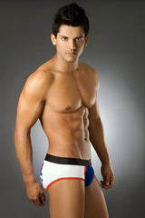 White red and blue athletic briefs with black waistband pipe equal brief underwear bs1003 size s front view