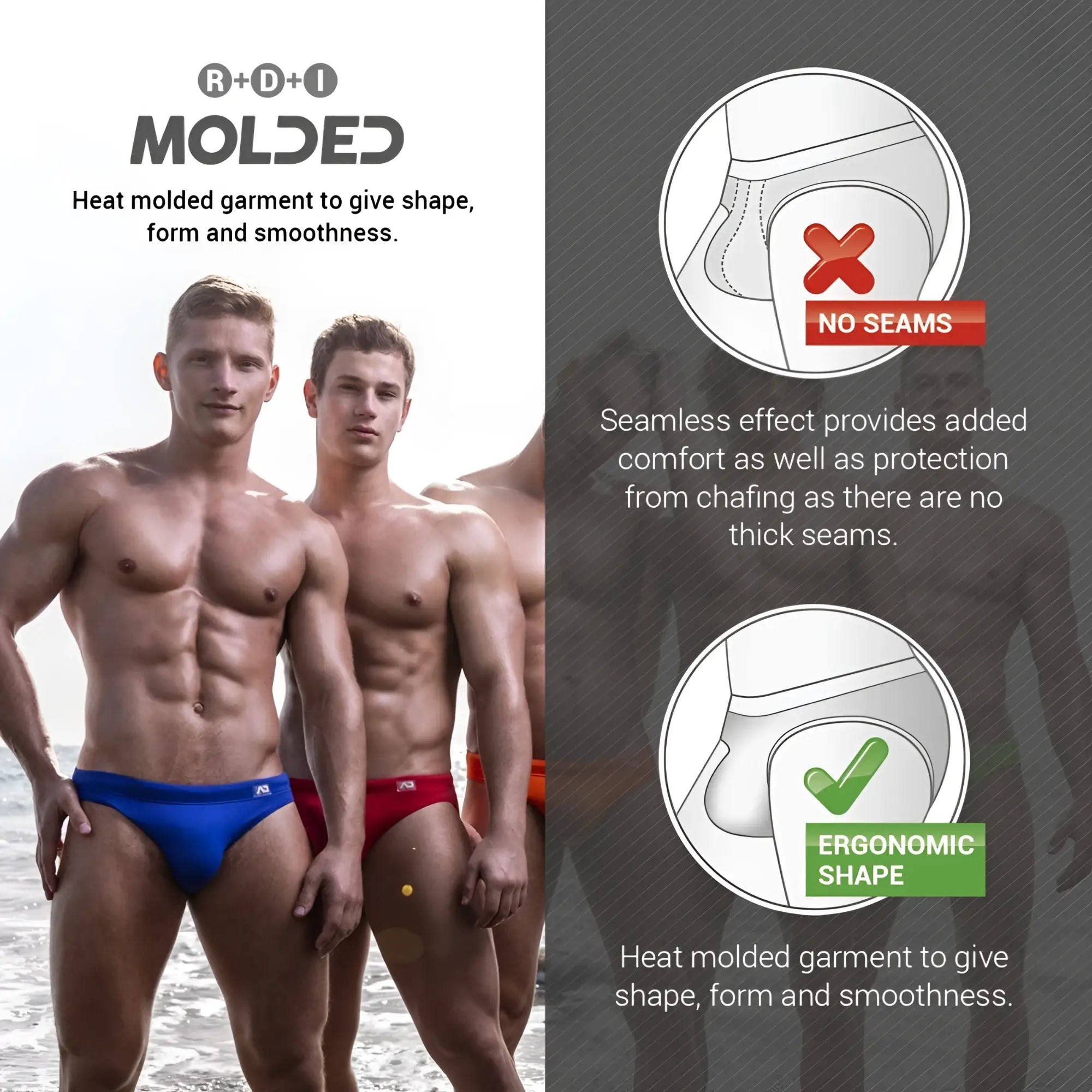 Blue and red pique speedo heat-molded swim trunks with no-seam ergonomic design for comfortable swimming