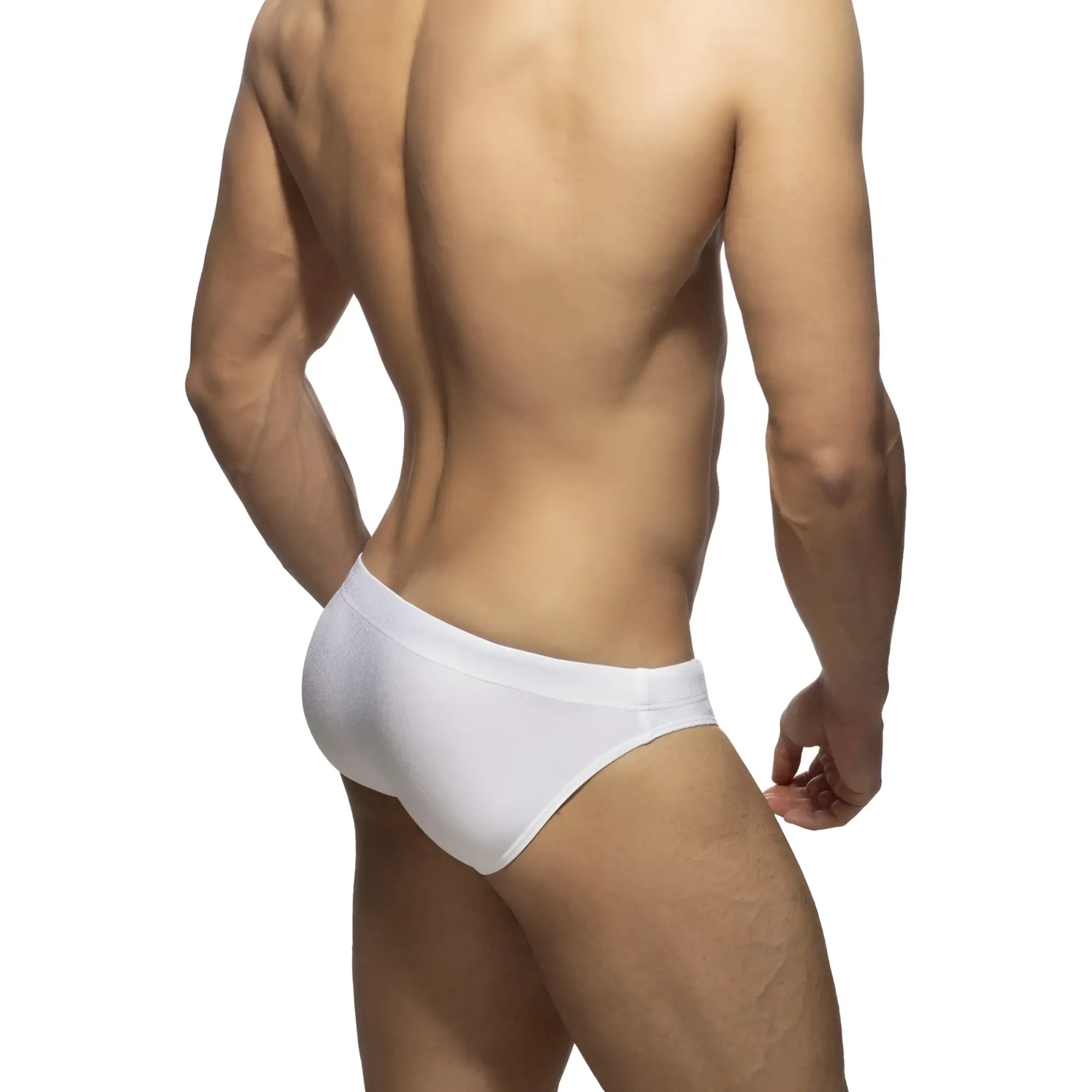 White cotton pique speedo briefs showing the back side for comfortable and breathable swimwear use