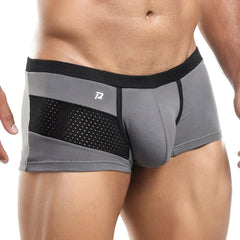 Pistol Pete PPG015 boxer trunk gray and black athletic briefs with side mesh panel and white logo near waistband