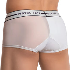 White mesh boxer briefs with solid white waistband featuring pistol pete logo in black text model ppg039
