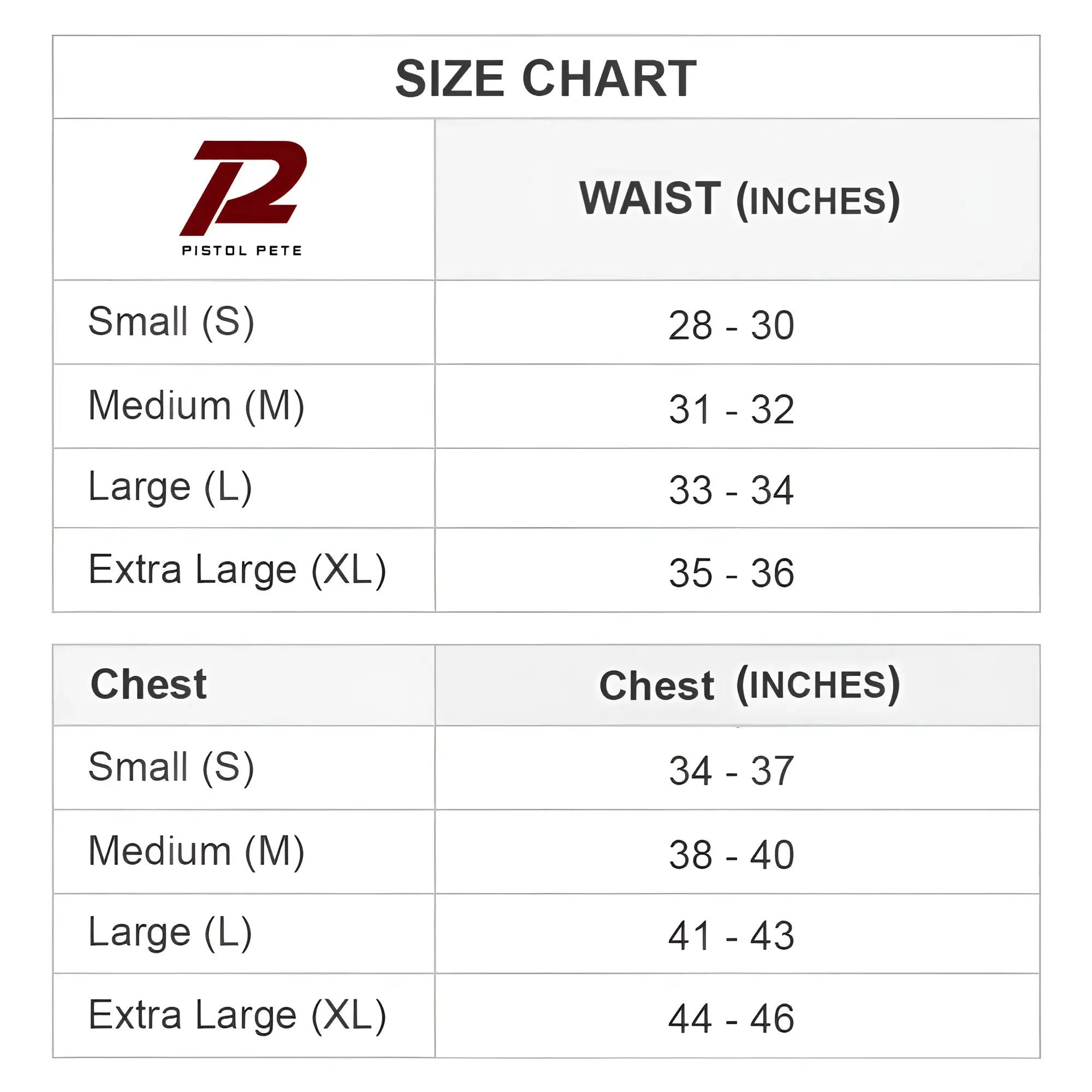 Pistol pete ppk002 g-string size chart showing waist and chest measurements from small to extra large sizes