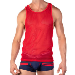 Pistol pete ppm014 red mesh tank top with subtle pattern and reinforced trim along neckline and hem