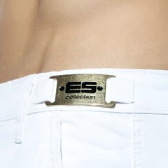 White denim plain cargo shorts with metallic gold toned belt buckle and black es collection branding