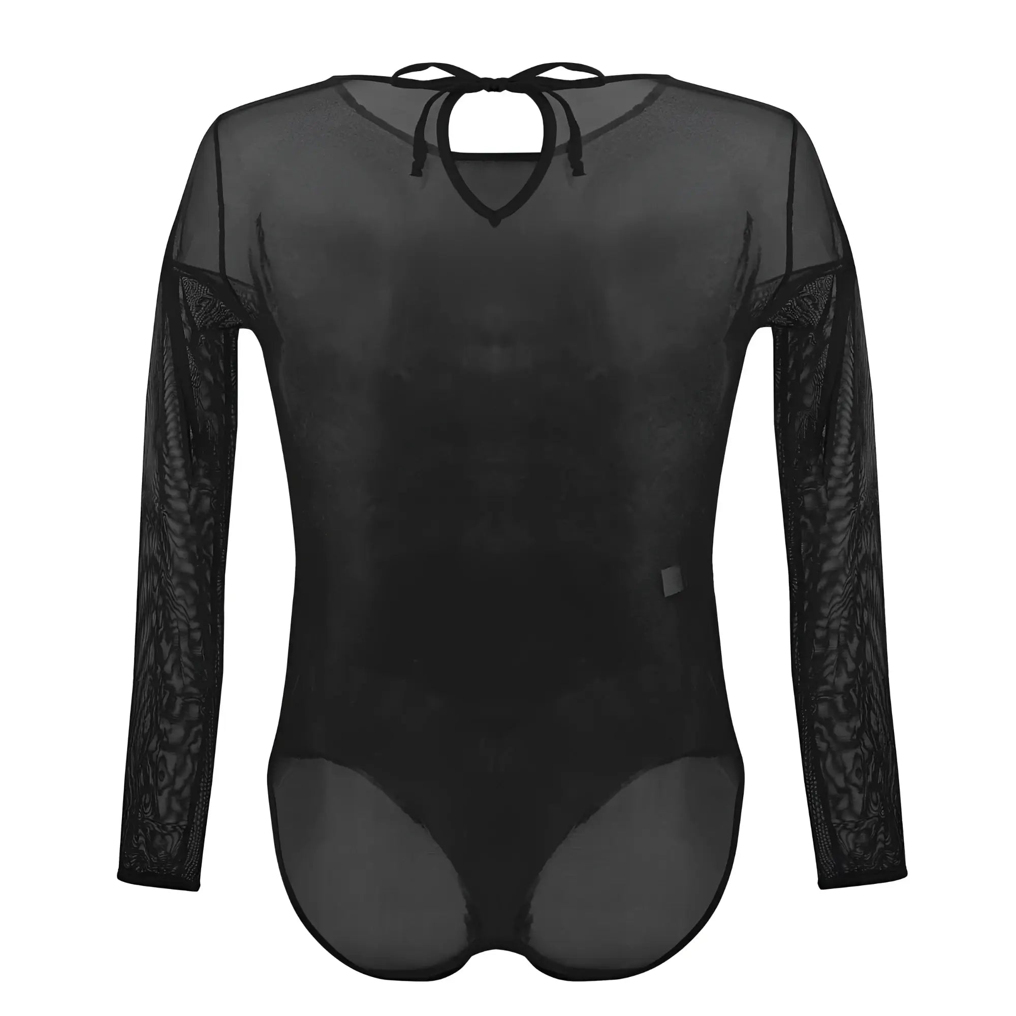 Black sheer long-sleeved PLURAL PL001 bodysuit with lace sleeves and tie-back neckline shown from the back side