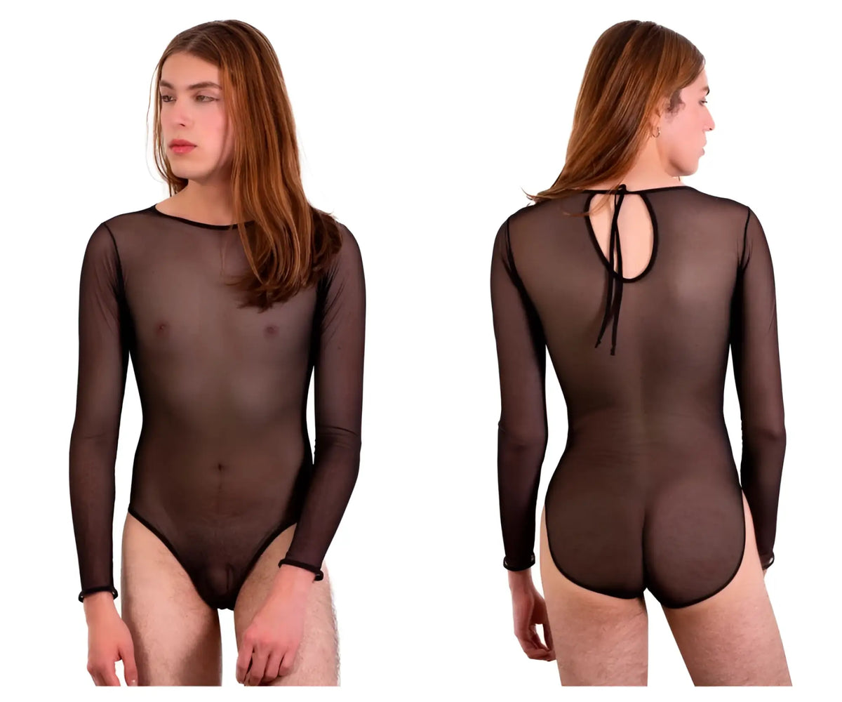 Black sheer long-sleeved bodysuit with back tie detail shown from the back plura pl001 bodysuit color black