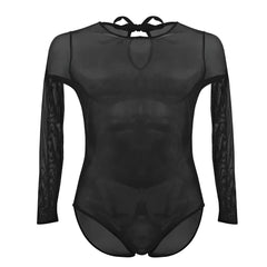 Black sheer mesh bodysuit with long sleeves and back tie showing the back side from plural pl001 collection