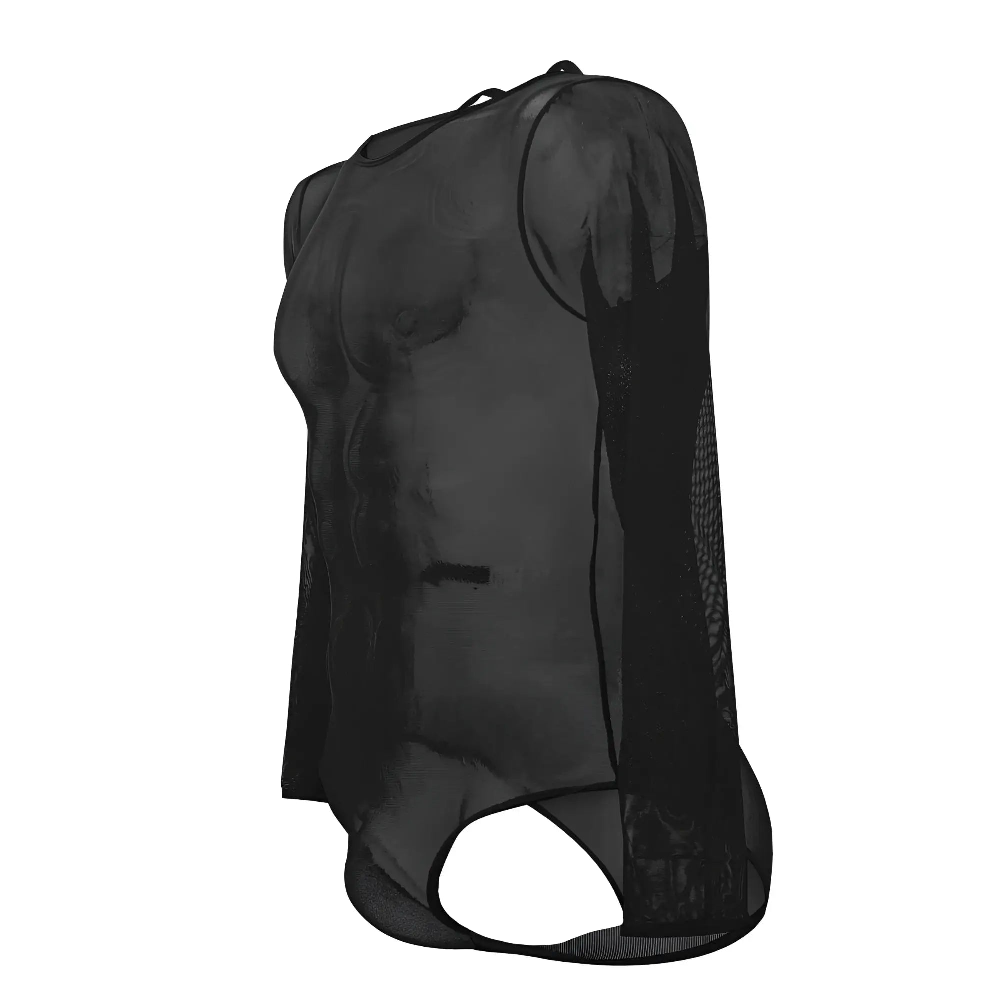 Back view of plural pl001 black sheer mesh bodysuit with long sleeves and cutout detail at the back